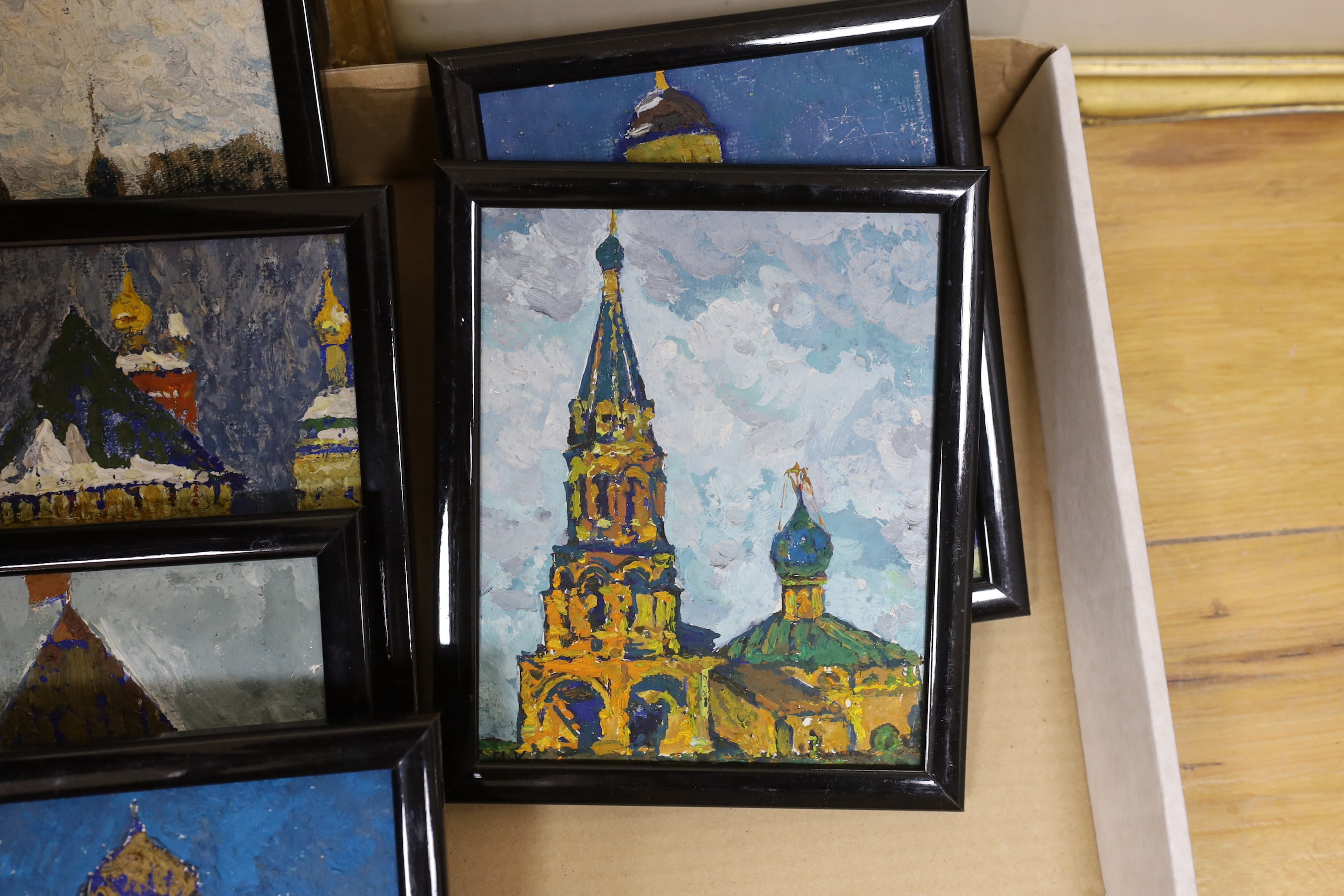 Russian School, set of twelve oils on board, Views of historic buildings, 18 x 15cm